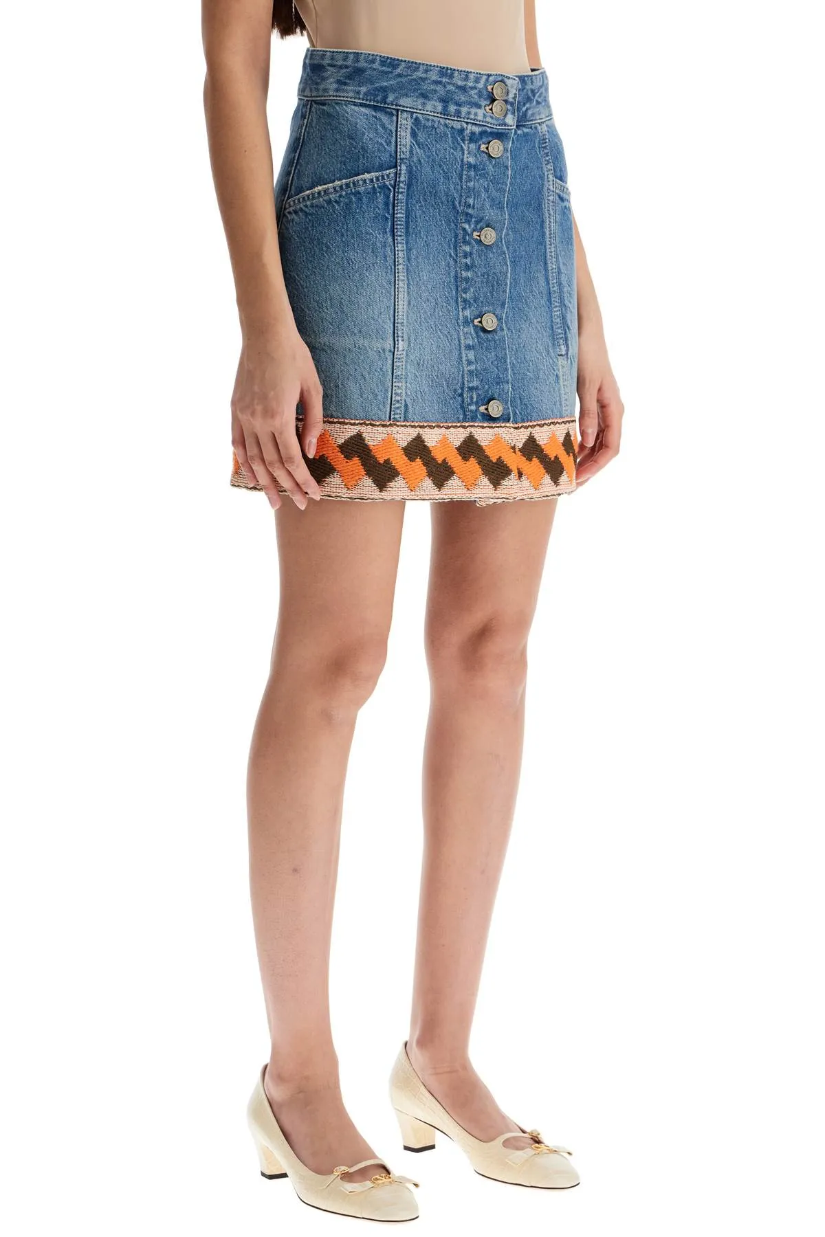 medium blue denim skirt with geometric trim 6B3DD19Z94U MEDIUM BLUE DENIM