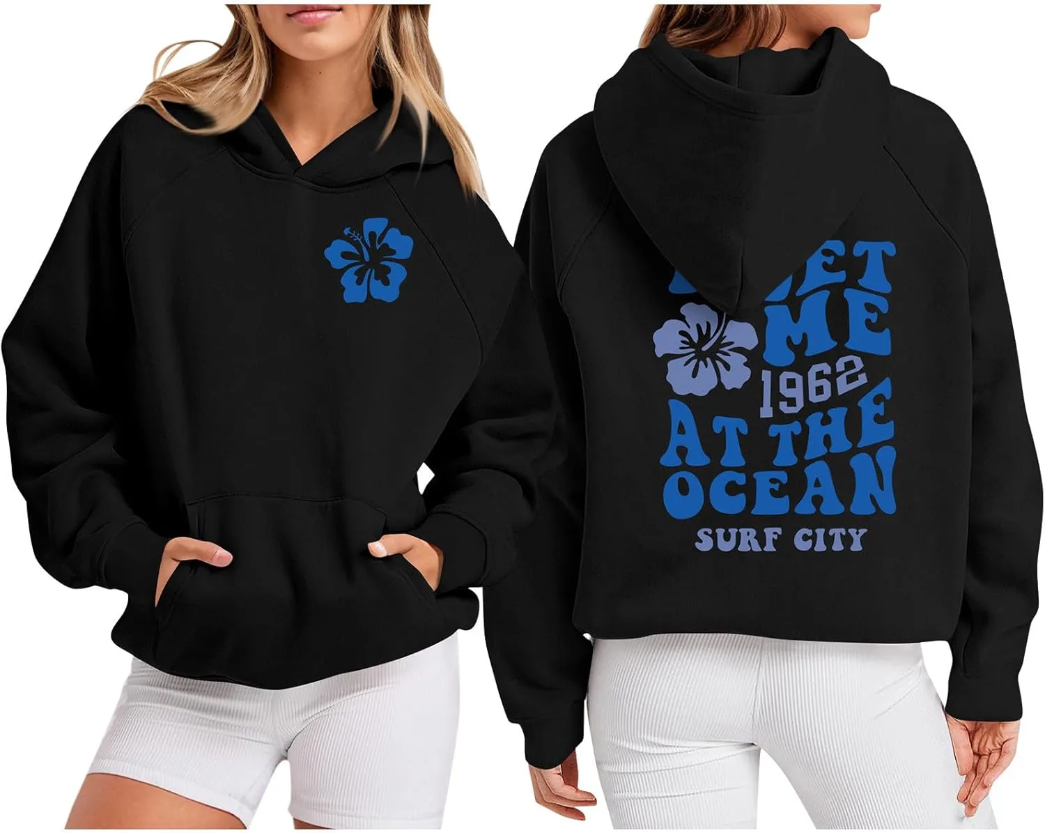 Meet Me 1962 At The Ocean Hoodies Long Sleeve Hooded Sweatshirt Trendy Letter Print Cute Preppy Y2K Pullover Tops