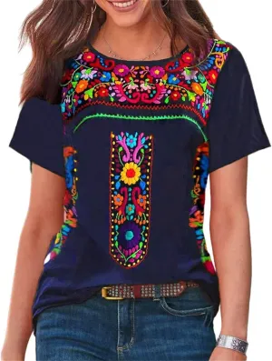 Melliflo Short Sleeve Mexican Tee Shirts for Women Floral Embroidered Loose Tops Ethnic Style Boho T-Shirts
