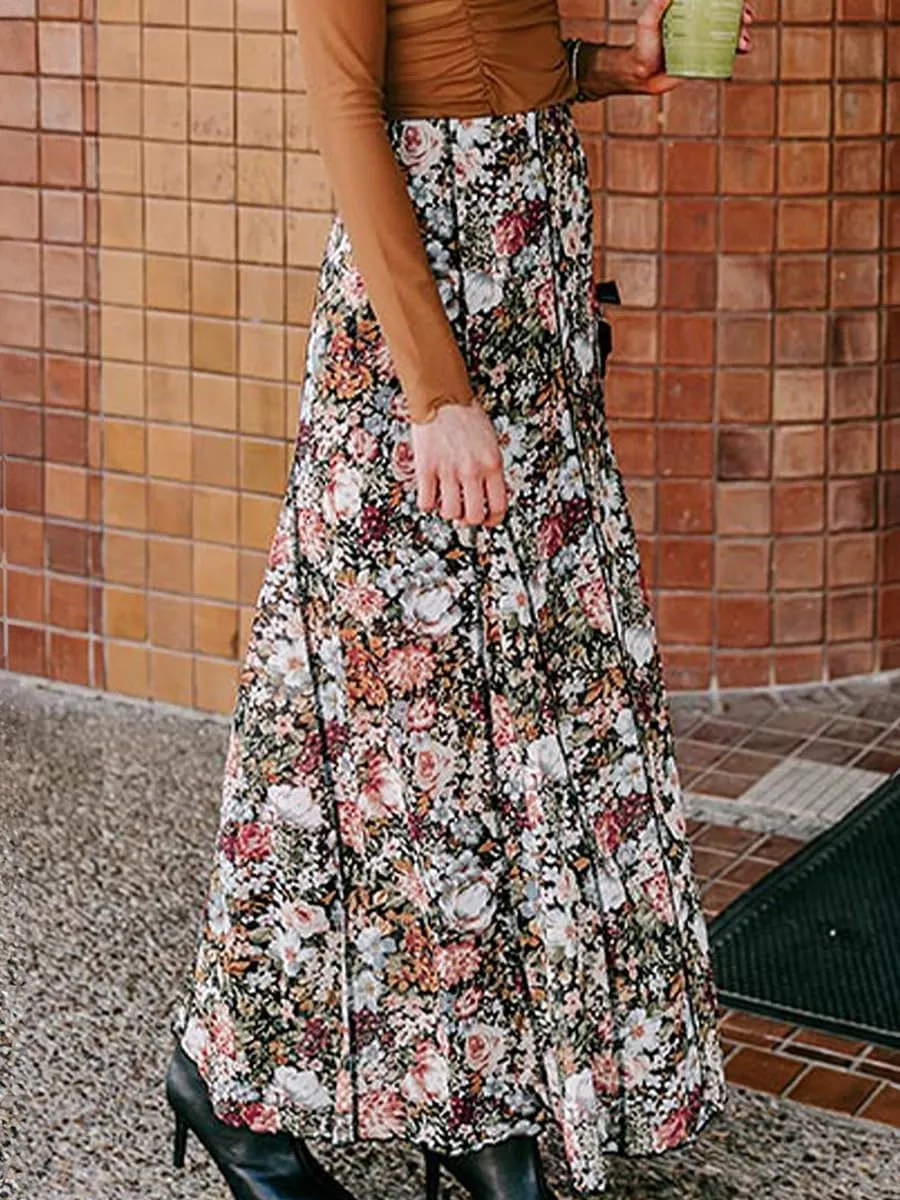 Melliflo Women Floral Boho Maxi Skirt Summer Elastic High Waist Pleated Ruffle A-Line Beach Vacation Long Skirts