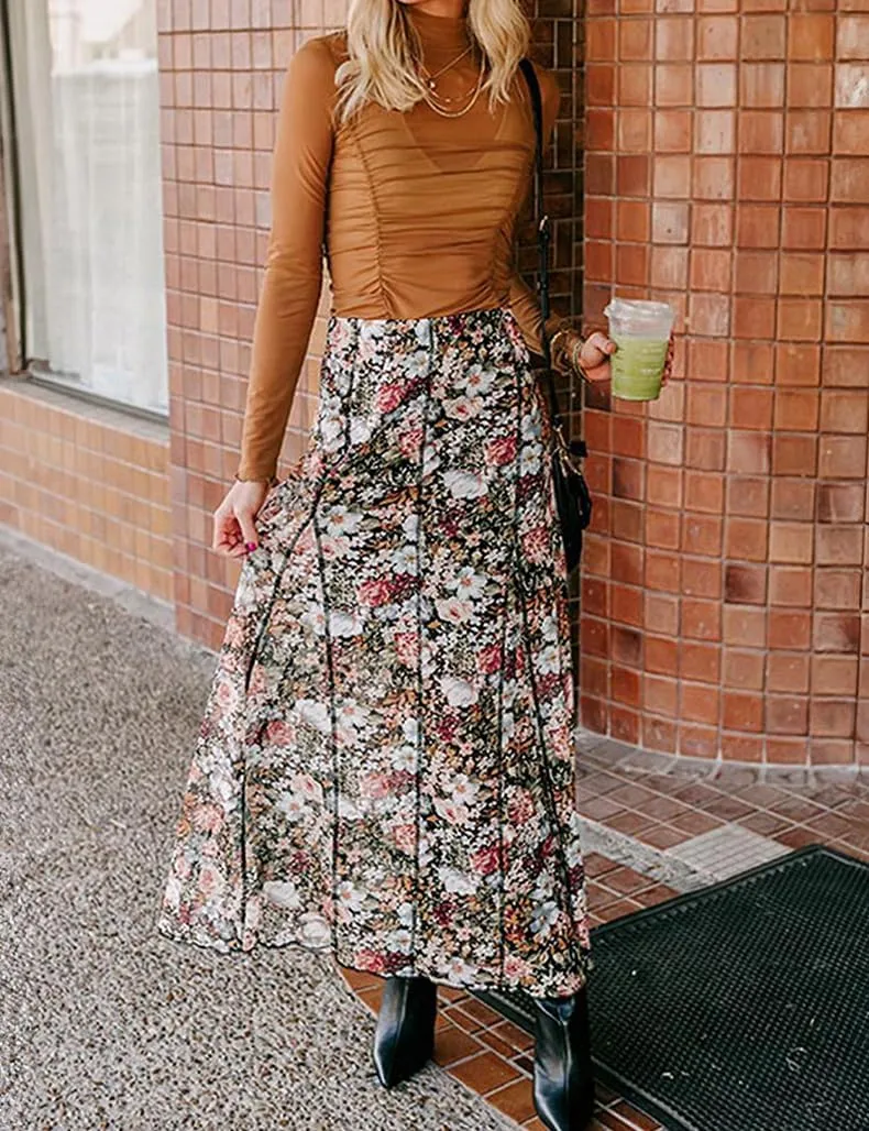 Melliflo Women Floral Boho Maxi Skirt Summer Elastic High Waist Pleated Ruffle A-Line Beach Vacation Long Skirts