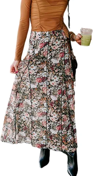 Melliflo Women Floral Boho Maxi Skirt Summer Elastic High Waist Pleated Ruffle A-Line Beach Vacation Long Skirts
