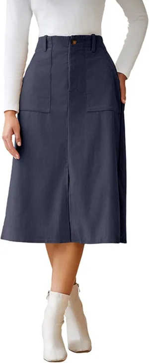 Melliflo Women Summer Corduroy Maxi Skirts High Waisted Straight Midi Skirt Business Work Long Skirts with Slit