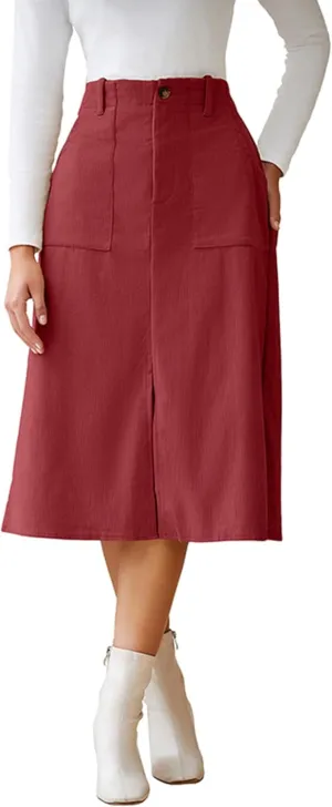 Melliflo Women Summer Corduroy Maxi Skirts High Waisted Straight Midi Skirt Business Work Long Skirts with Slit