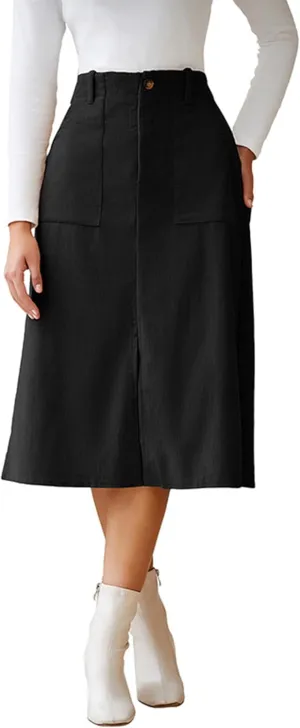 Melliflo Women Summer Corduroy Maxi Skirts High Waisted Straight Midi Skirt Business Work Long Skirts with Slit