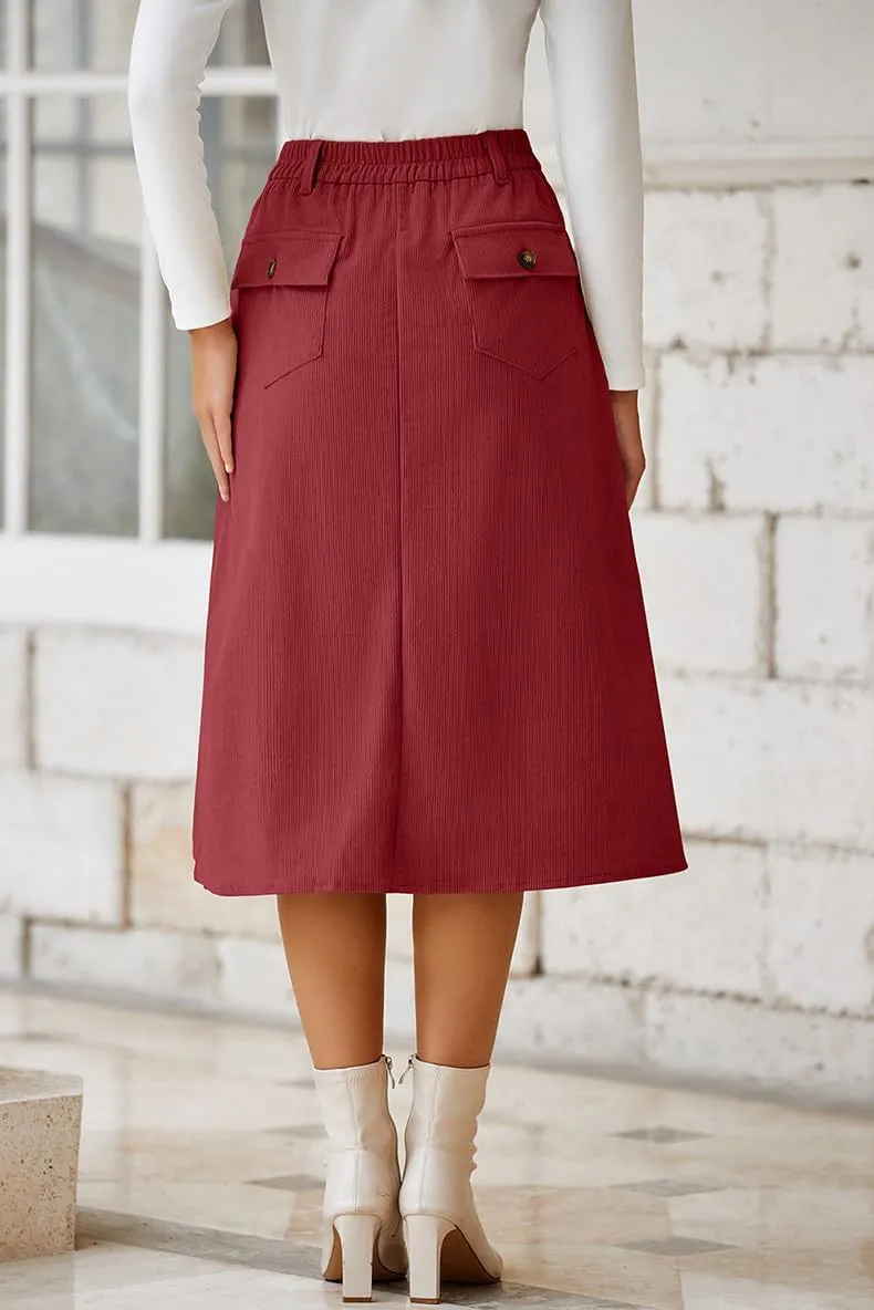 Melliflo Women Summer Corduroy Maxi Skirts High Waisted Straight Midi Skirt Business Work Long Skirts with Slit