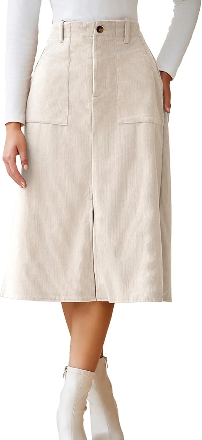 Melliflo Women Summer Corduroy Maxi Skirts High Waisted Straight Midi Skirt Business Work Long Skirts with Slit