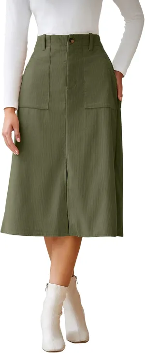 Melliflo Women Summer Corduroy Maxi Skirts High Waisted Straight Midi Skirt Business Work Long Skirts with Slit