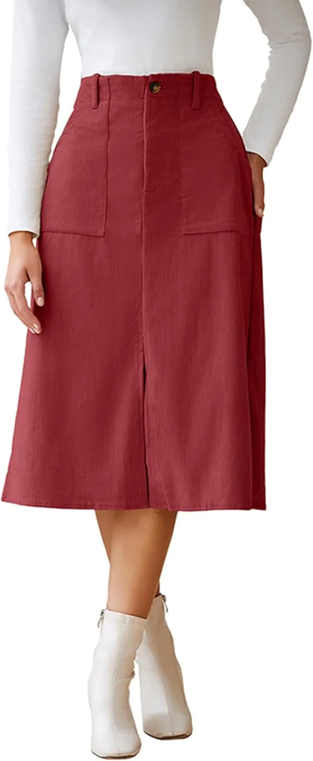 Melliflo Women Summer Corduroy Maxi Skirts High Waisted Straight Midi Skirt Business Work Long Skirts with Slit
