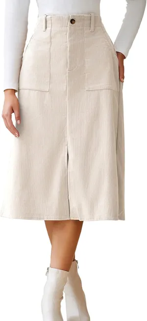 Melliflo Women Summer Corduroy Maxi Skirts High Waisted Straight Midi Skirt Business Work Long Skirts with Slit
