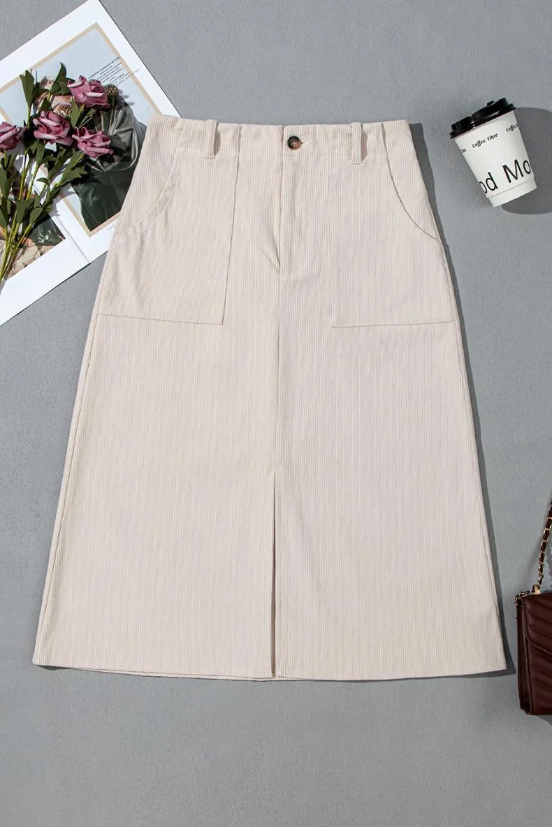 Melliflo Women Summer Corduroy Maxi Skirts High Waisted Straight Midi Skirt Business Work Long Skirts with Slit