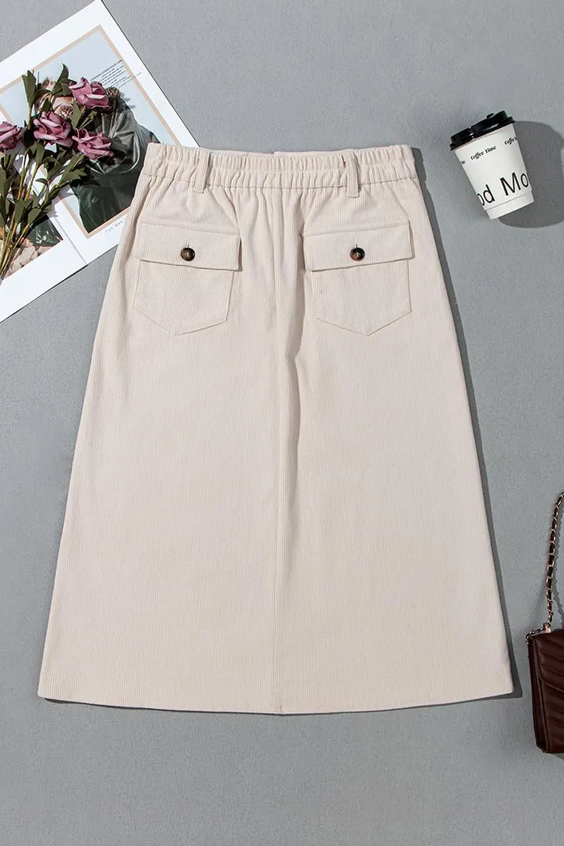 Melliflo Women Summer Corduroy Maxi Skirts High Waisted Straight Midi Skirt Business Work Long Skirts with Slit