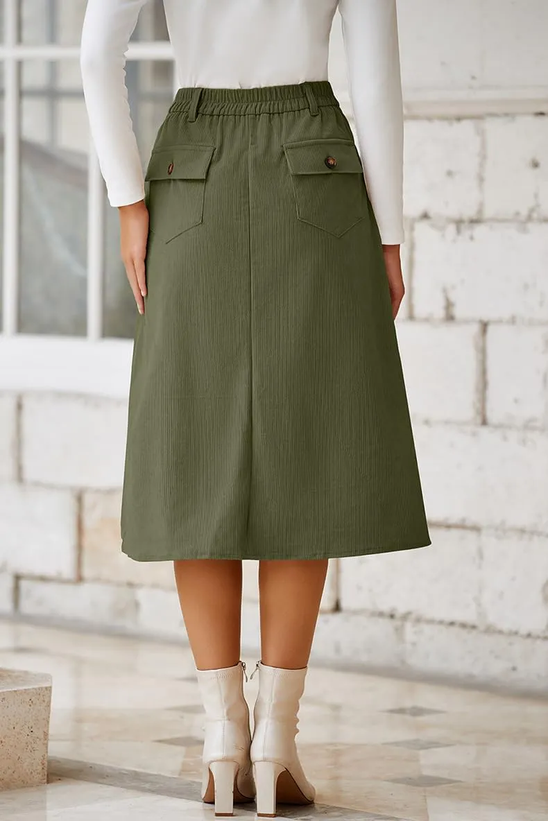 Melliflo Women Summer Corduroy Maxi Skirts High Waisted Straight Midi Skirt Business Work Long Skirts with Slit