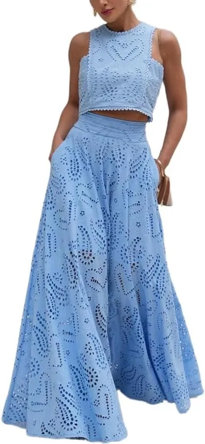 Melliflo Women's Summer 2 Piece Outfits Crop Tank Tops Long Skirt Set Sleeveless Maxi Dress Nightclub Party Dress with Pocket