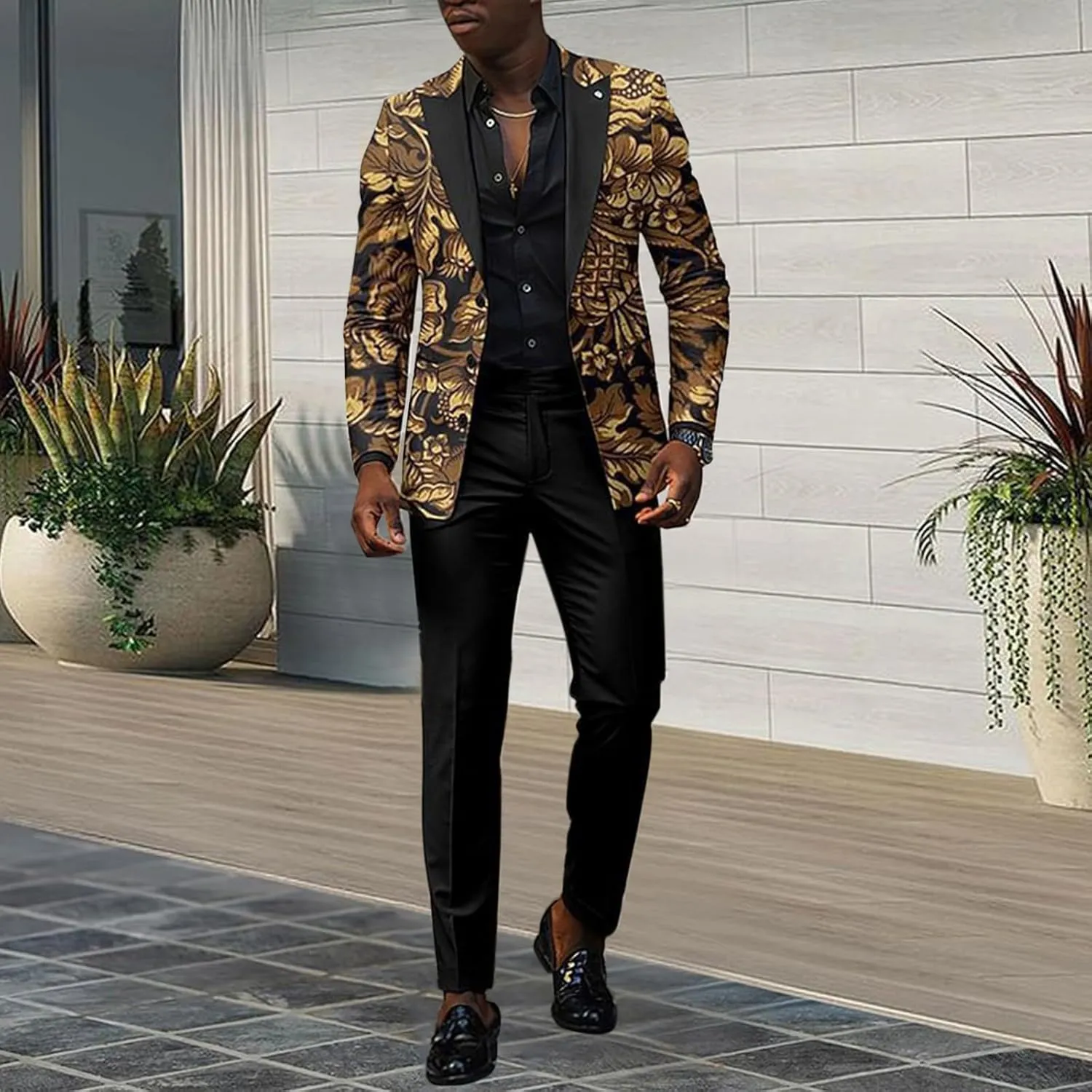 Mens 2 Piece Floral Print Suit Fashion Business Party Button Down Jacket Slim Fit Blazer Pants Wedding Dance Outfits