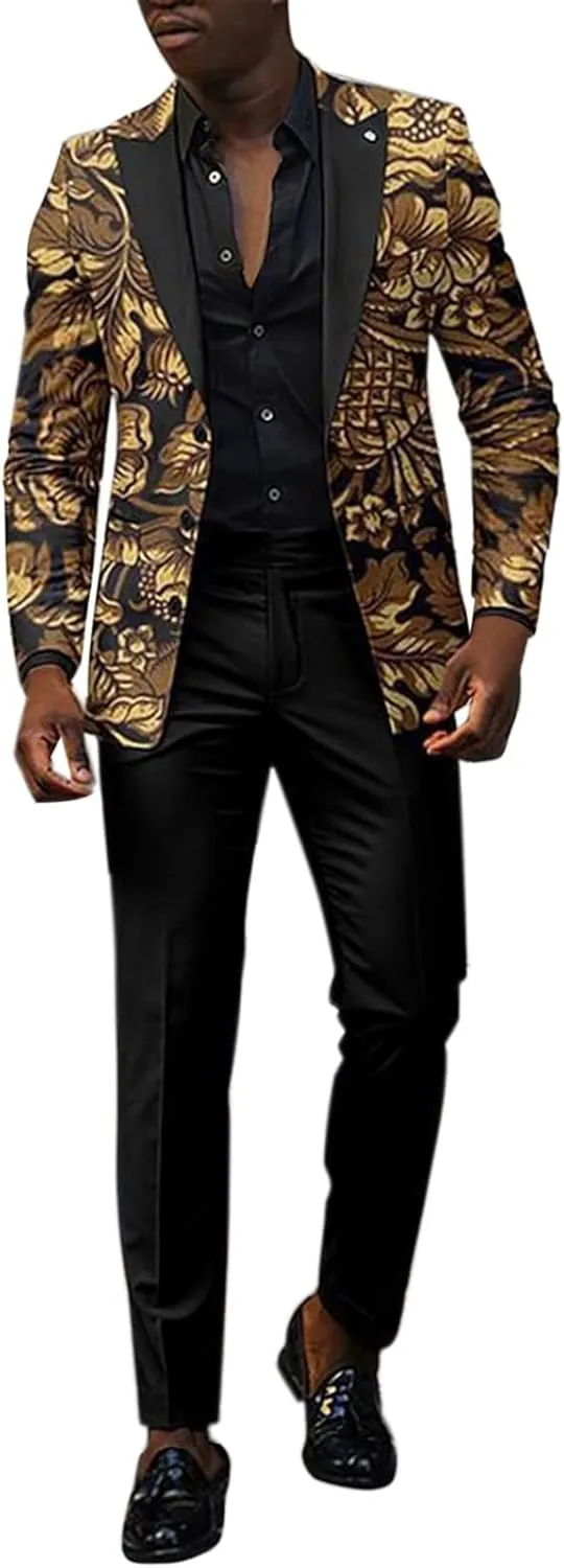 Mens 2 Piece Floral Print Suit Fashion Business Party Button Down Jacket Slim Fit Blazer Pants Wedding Dance Outfits