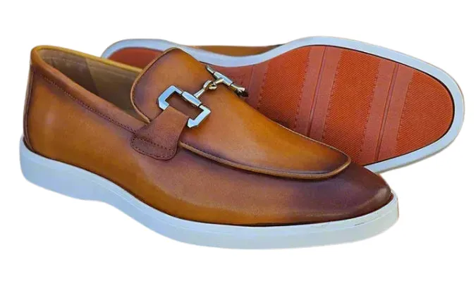 Men's Cognac Leather Horsebit Loafers with Sporty White Sole