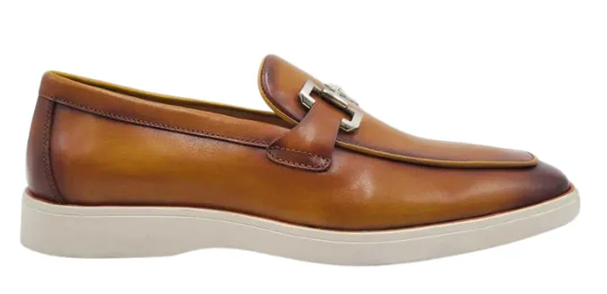 Men's Cognac Leather Horsebit Loafers with Sporty White Sole