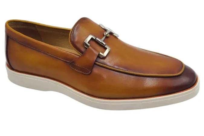 Men's Cognac Leather Horsebit Loafers with Sporty White Sole