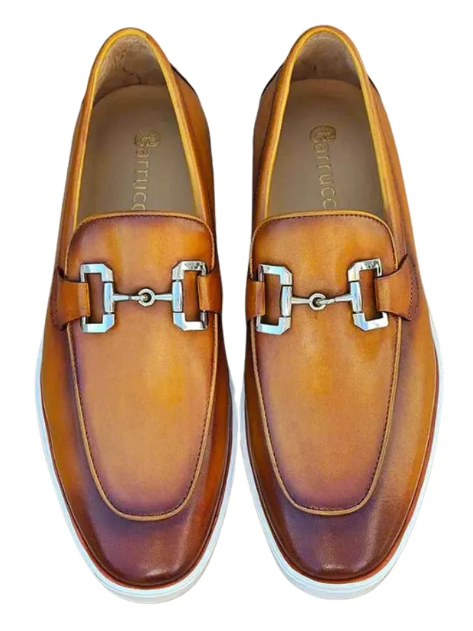Men's Cognac Leather Horsebit Loafers with Sporty White Sole