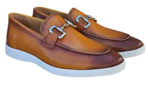 Men's Cognac Leather Horsebit Loafers with Sporty White Sole