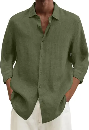Mens Cotton Linen Button Down Shirt Long Sleeve Shirts for Men Casual Plus Size Beach Summer Lightweight Dress Tops