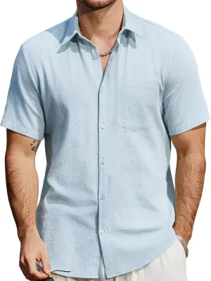 Mens Cotton Linen Shirts Casual Button Down Short Sleeve Shirt Vacation Beach Summer Hawaiian Shirt with Pocket