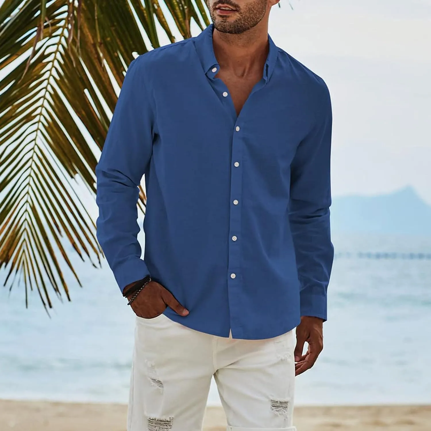 Mens Long Sleeve Dress Shirts Business Casual Button Down Regular Fit Vacation Beach Wedding Shirts with Pocket