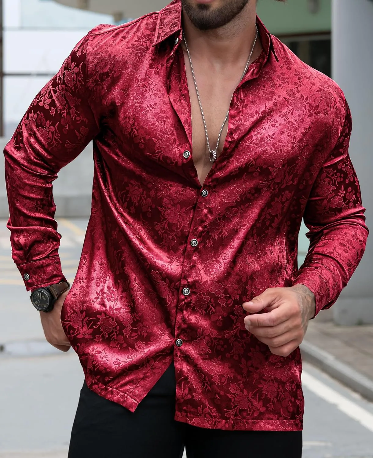 Men's Long Sleeve Dress Shirts Silk Floral Button Up Shirts Wedding Party Prom Jacquard Button Down Shirt S-3XL