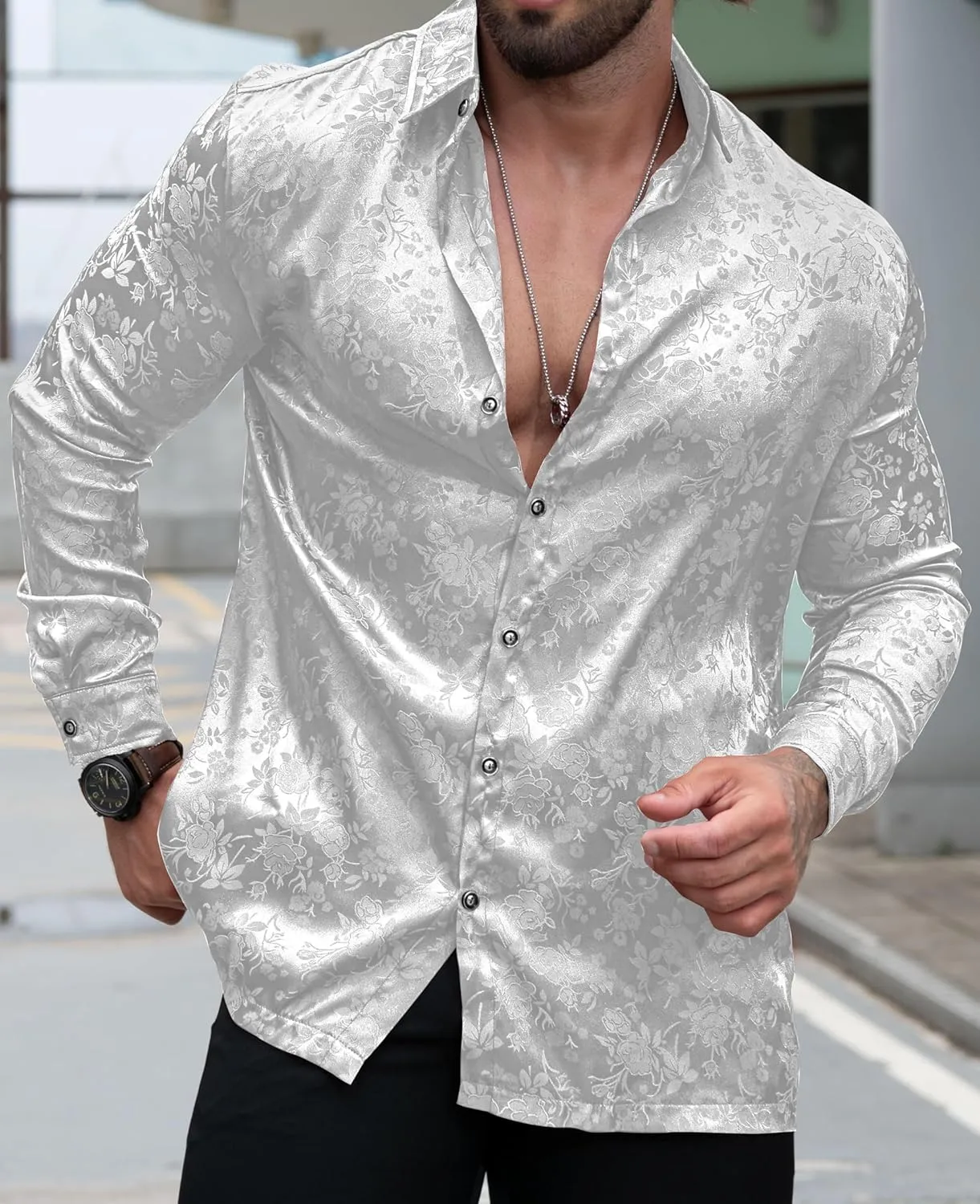 Men's Long Sleeve Dress Shirts Silk Floral Button Up Shirts Wedding Party Prom Jacquard Button Down Shirt S-3XL