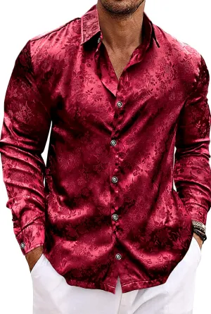 Men's Long Sleeve Dress Shirts Silk Floral Button Up Shirts Wedding Party Prom Jacquard Button Down Shirt S-3XL