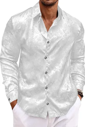 Men's Long Sleeve Dress Shirts Silk Floral Button Up Shirts Wedding Party Prom Jacquard Button Down Shirt S-3XL