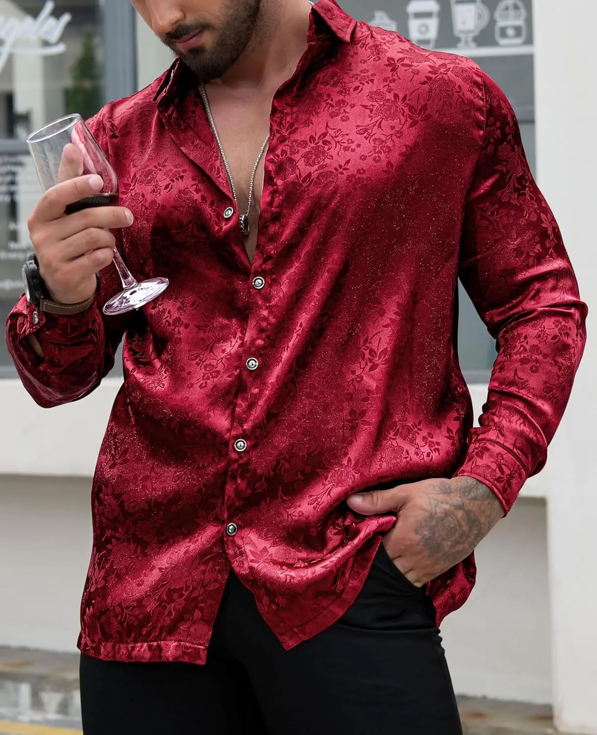 Men's Long Sleeve Dress Shirts Silk Floral Button Up Shirts Wedding Party Prom Jacquard Button Down Shirt S-3XL