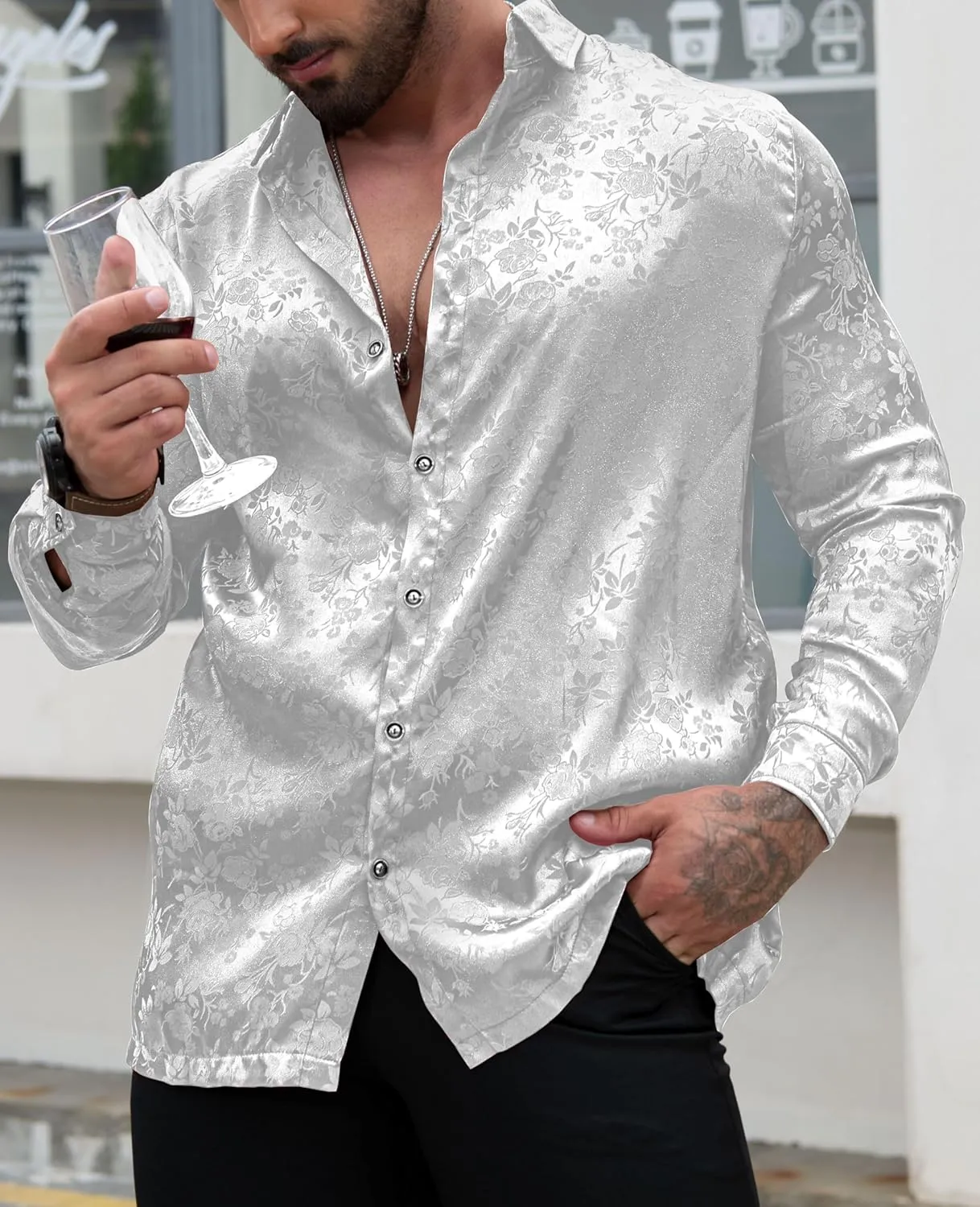 Men's Long Sleeve Dress Shirts Silk Floral Button Up Shirts Wedding Party Prom Jacquard Button Down Shirt S-3XL