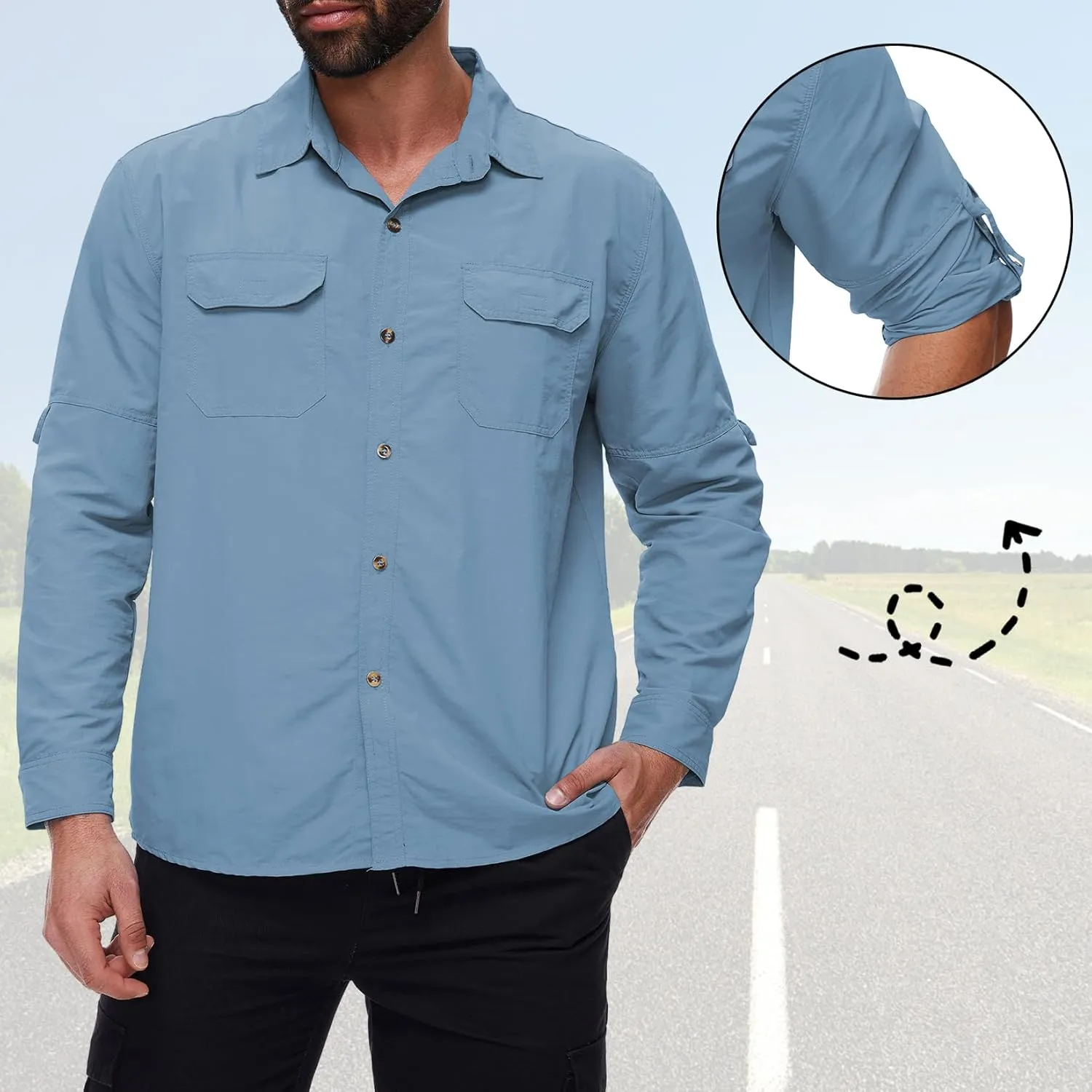 Mens Long Sleeve Fishing Shirts Sun Protection Work Safari Cooling Shirts for Men Traveling Hiking Camping Quick Dry