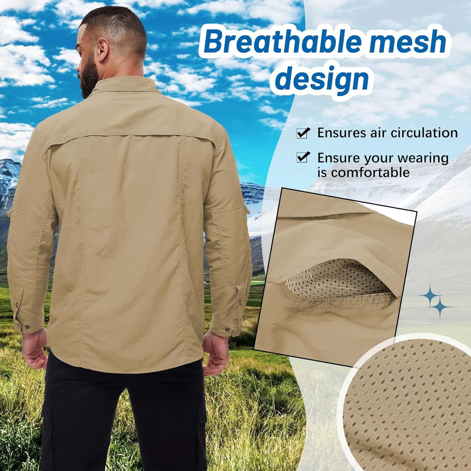 Mens Long Sleeve Fishing Shirts Sun Protection Work Safari Cooling Shirts for Men Traveling Hiking Camping Quick Dry
