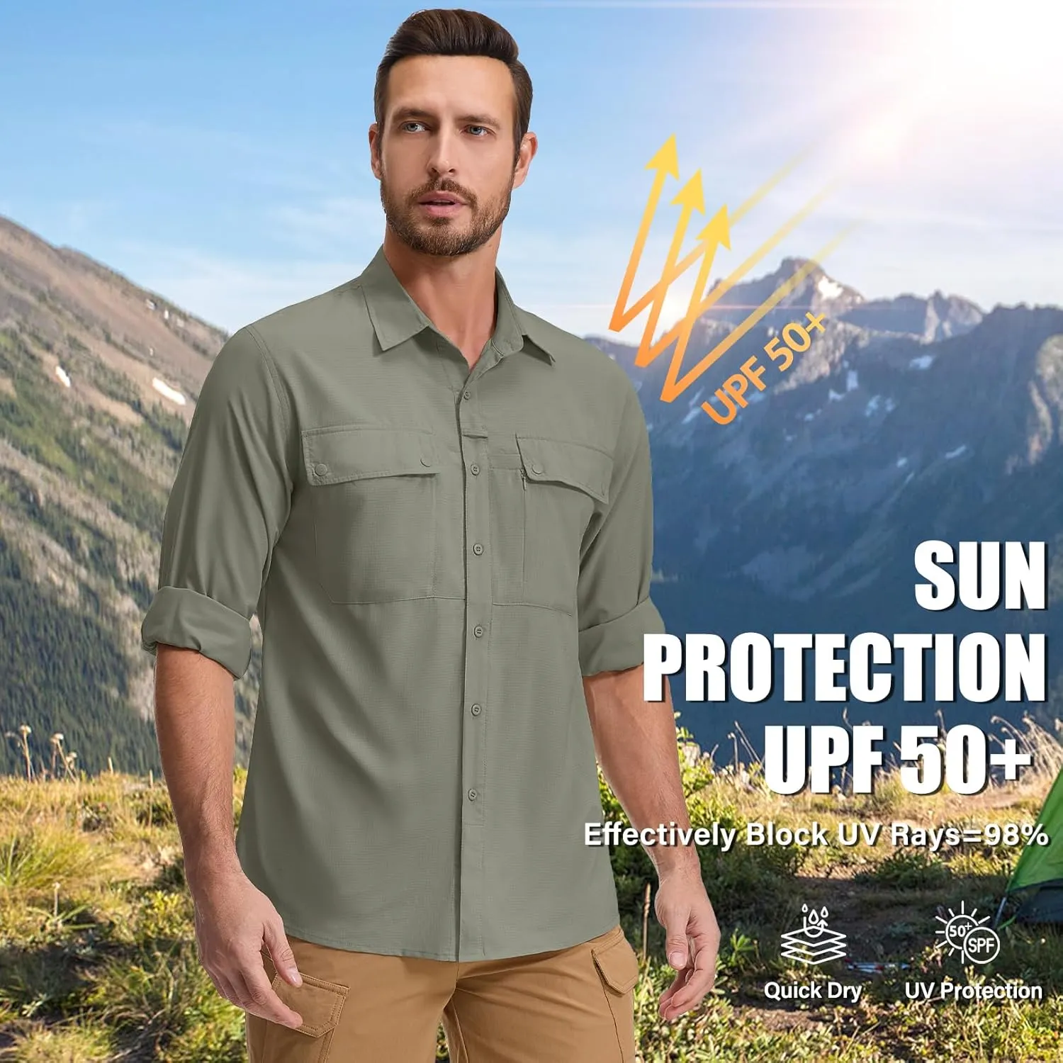 Men's Long Sleeve Hiking Fishing Shirts UPF 50  Sun Protection Quick Dry Shirts Outdoor Travel Safari Camping