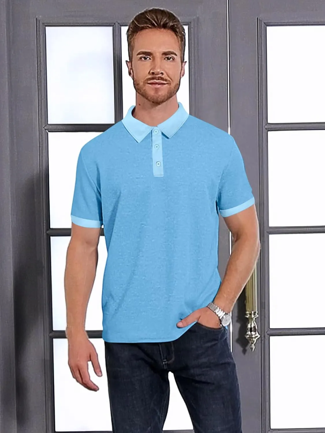 Mens Polo Shirts 2 Pack Breathable Short Sleeve Golf Shirt Casual Button Down Shirt Lightweight Collared Waffle Shirts
