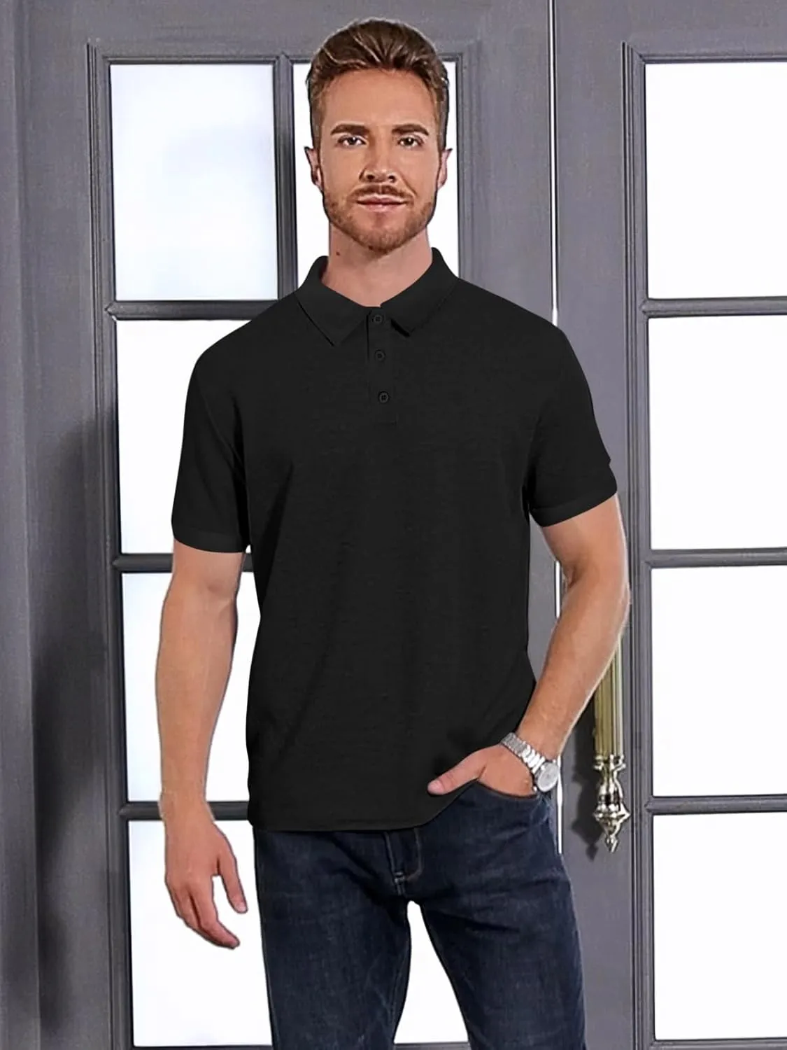 Mens Polo Shirts 2 Pack Breathable Short Sleeve Golf Shirt Casual Button Down Shirt Lightweight Collared Waffle Shirts