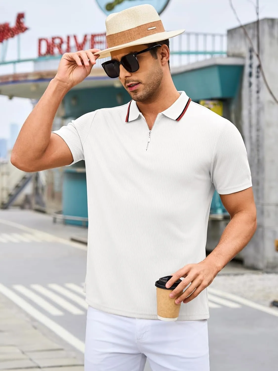 Men's Polo Shirts Short Sleeve Quarter Zip Pullover Golf Shirt Casual Ribbed Knit Slim Fit Polo T Shirts