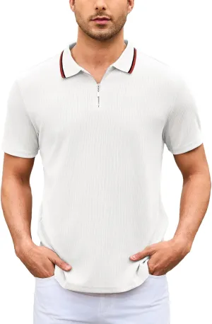 Men's Polo Shirts Short Sleeve Quarter Zip Pullover Golf Shirt Casual Ribbed Knit Slim Fit Polo T Shirts