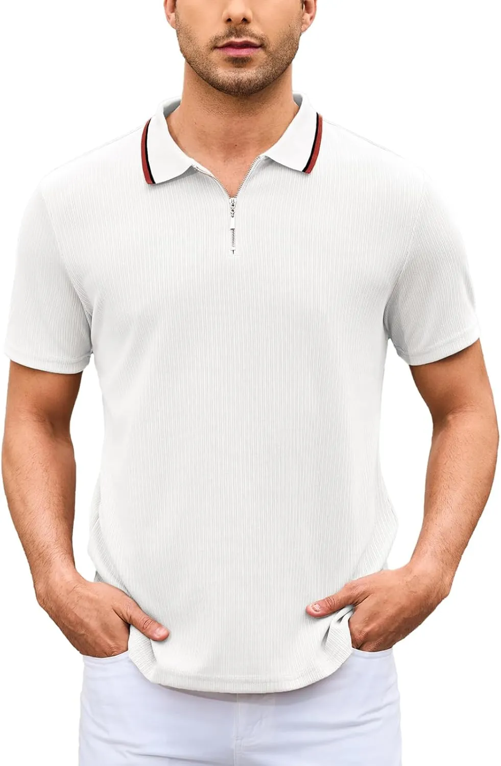 Men's Polo Shirts Short Sleeve Quarter Zip Pullover Golf Shirt Casual Ribbed Knit Slim Fit Polo T Shirts