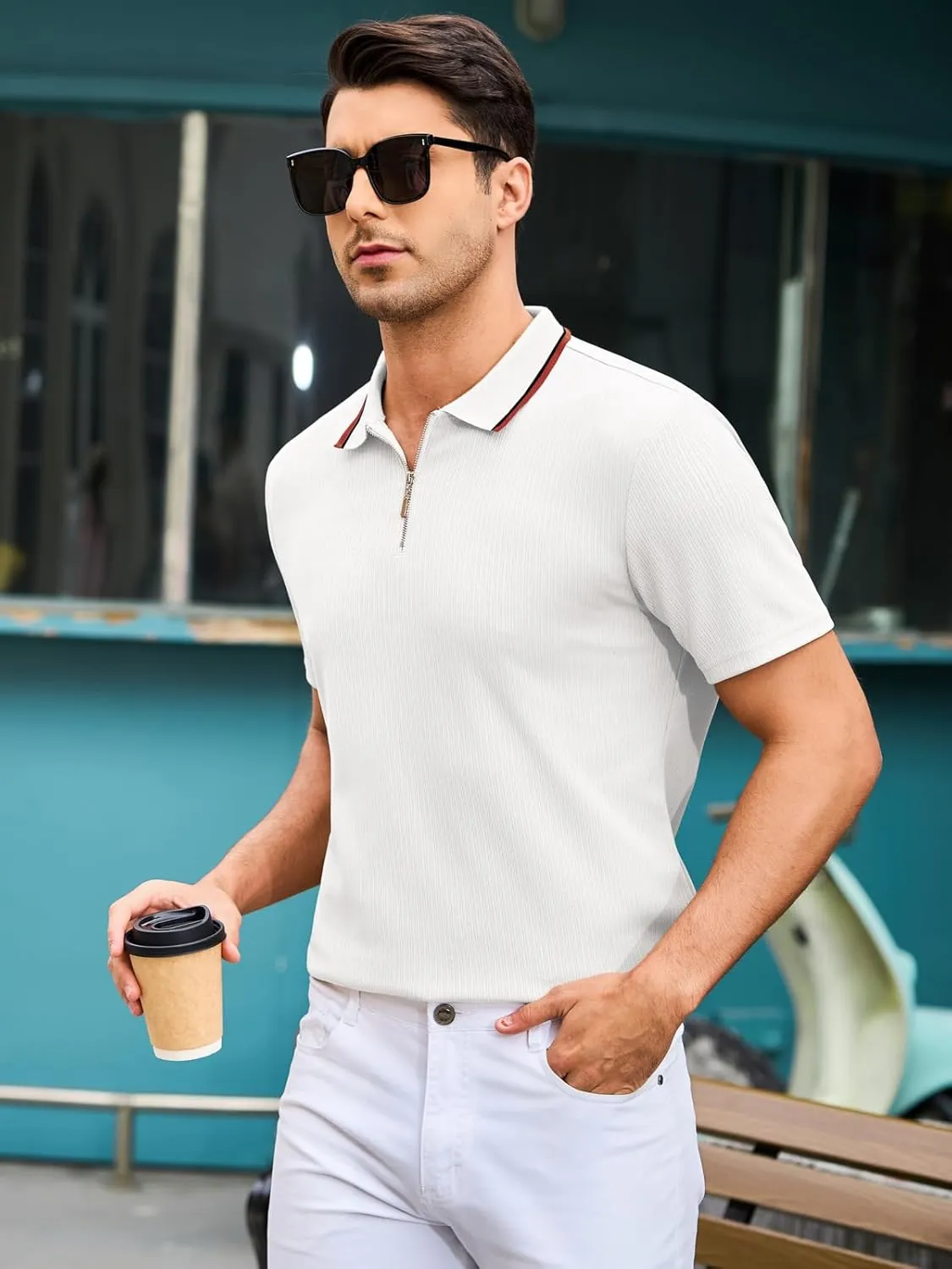 Men's Polo Shirts Short Sleeve Quarter Zip Pullover Golf Shirt Casual Ribbed Knit Slim Fit Polo T Shirts