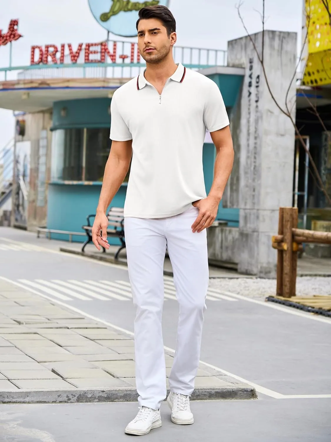 Men's Polo Shirts Short Sleeve Quarter Zip Pullover Golf Shirt Casual Ribbed Knit Slim Fit Polo T Shirts