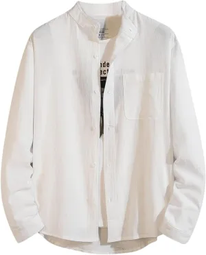 Mens Shirt Jacket Summer Cotton Linen Button Down Blouses Plain Tops Heavyweight Long Sleeve Shacket with Pockets