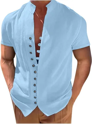 Mens Short Sleeve Linen Shirt Button Up Loose Fit Vintage Shirts Banded Collar Solid Color Tops Casual Summer Beach Shirts