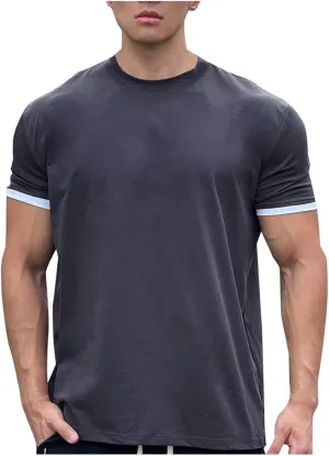 Mens Short Sleeve Workout Shirts Casual Crew-Neck Slim Fit Stretch Cotton Shirt Quick Dry Mens Gym Shirts