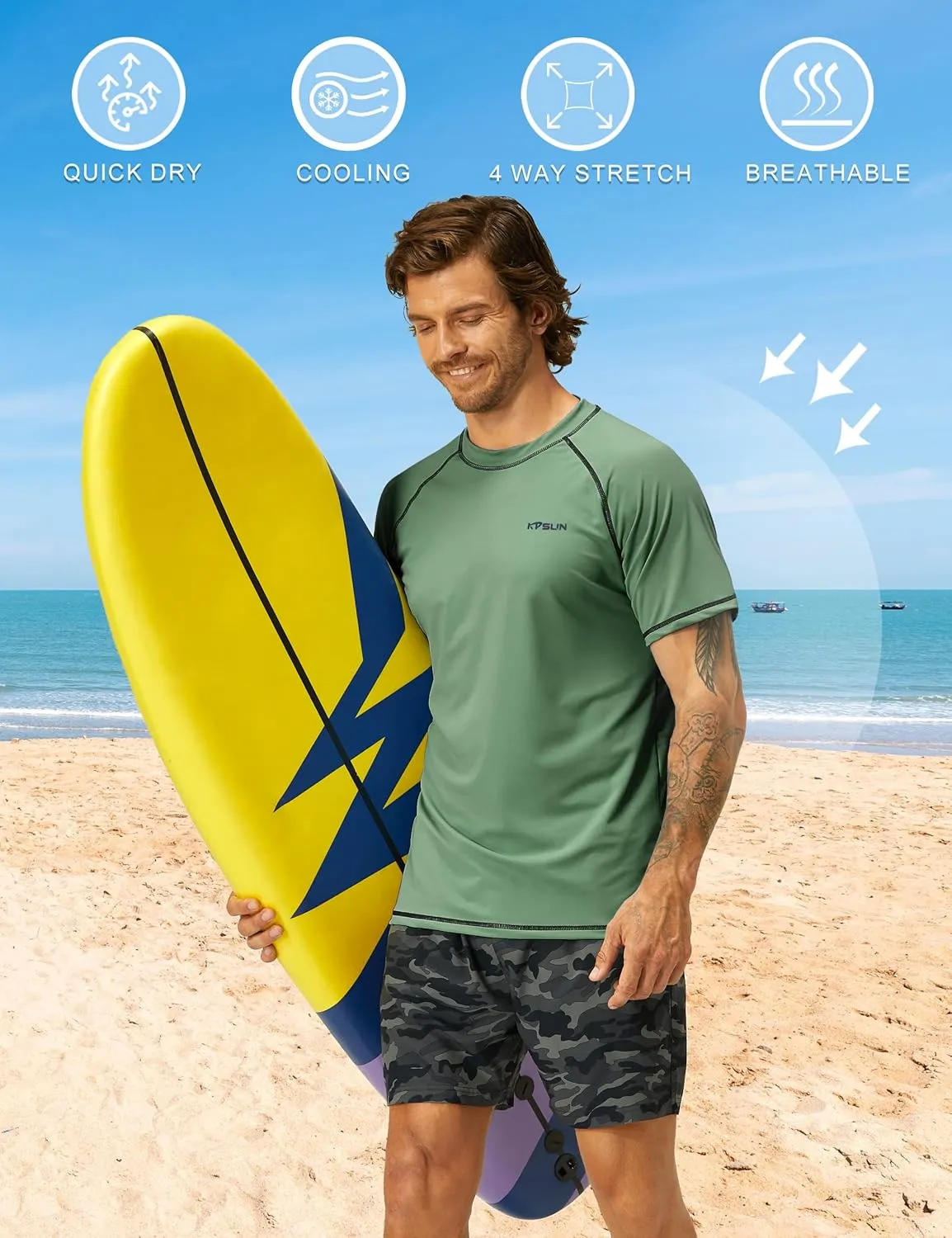 Mens Swim Shirts UPF 50  Sun Protection Quick Dry SPF Rash Guard Outdoor Beach Fishing T Shirts