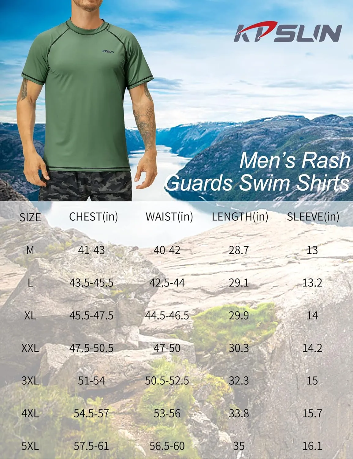 Mens Swim Shirts UPF 50  Sun Protection Quick Dry SPF Rash Guard Outdoor Beach Fishing T Shirts
