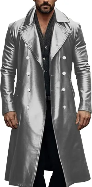 Men's Vintage Medieval PU Leather Long Trench Coats Notch Lapel Long Sleeve Double Breasted Windbreaker Jackets